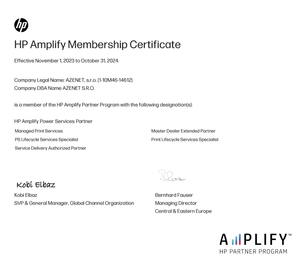 HP Amplify Membership Certificate Azenet S.R.O